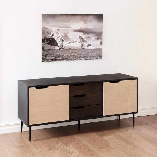 RADIS sideboard NOBLE with three drawers Black stained and sliding doors Pebble Grey