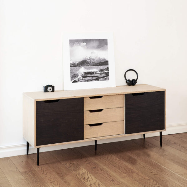 RADIS sideboard NOBLE with three drawers Pebble Grey and sliding doors Black stained