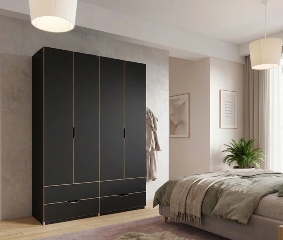 Radis_Furniture_wardrobe_NOBLE_4_doors_drawers_visible_Black_HPL_plywood_interior