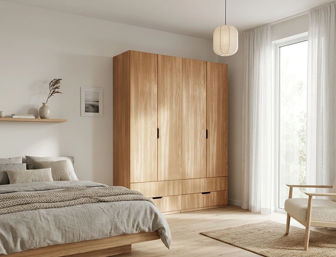 Radis_Furniture_wardrobe_NOBLE_4_doors_drawers_visible_Oak_veneered_plywood_interior