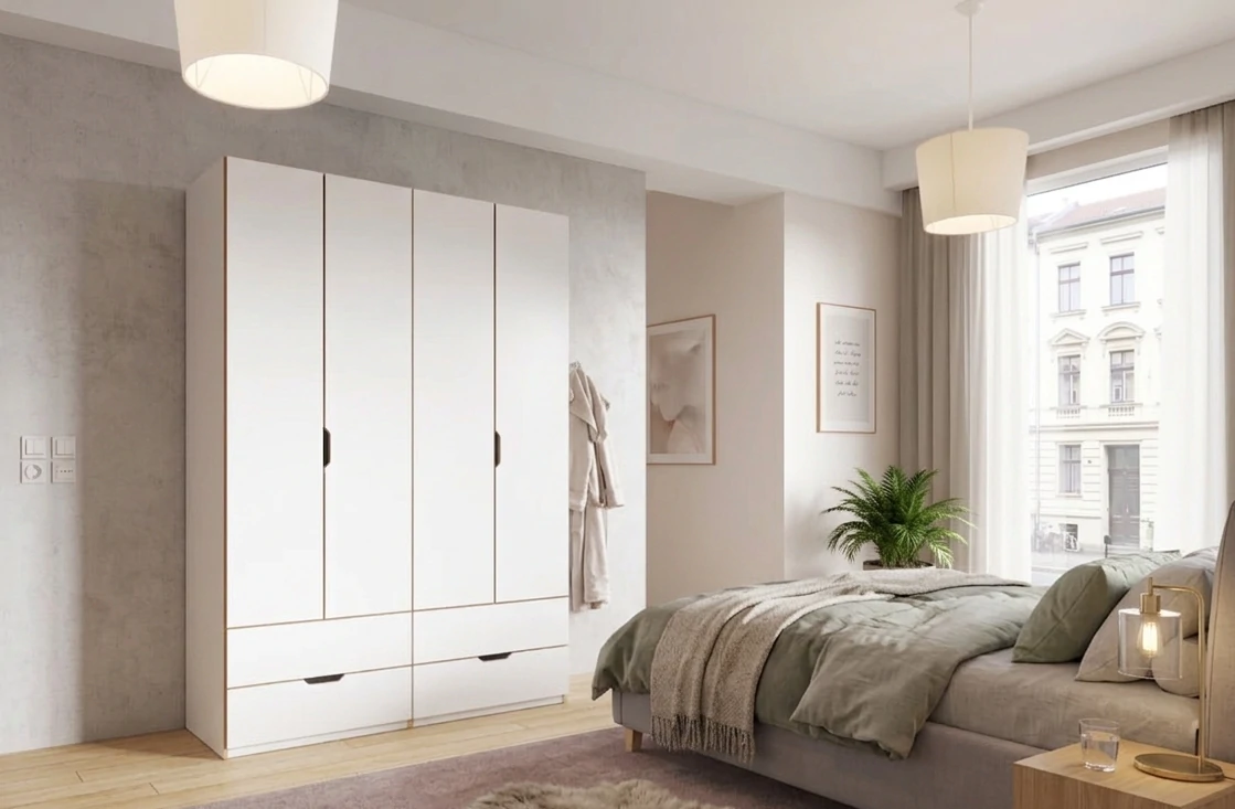 Radis_Furniture_wardrobe_NOBLE_4_doors_drawers_visible_White_HPL_plywood_interior