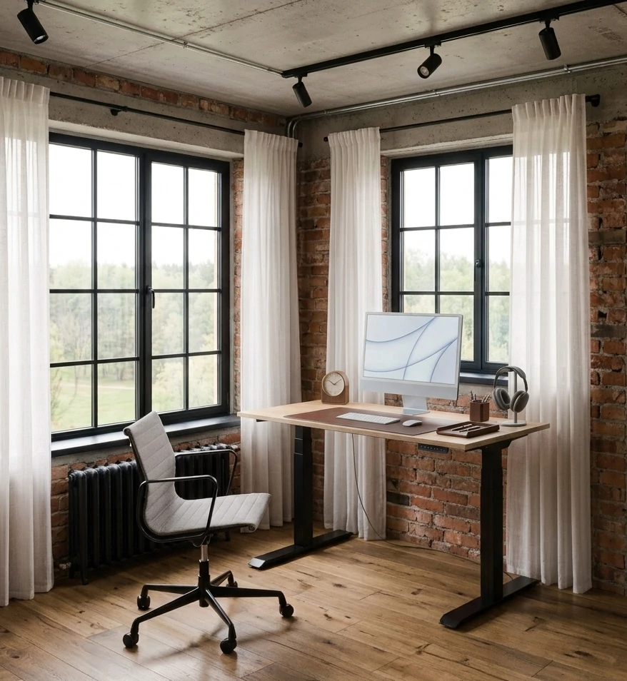 Radis Furniture height adjustable desk VISTA with electric legs Oak veneered plywood black metal 2 motors electrical legs