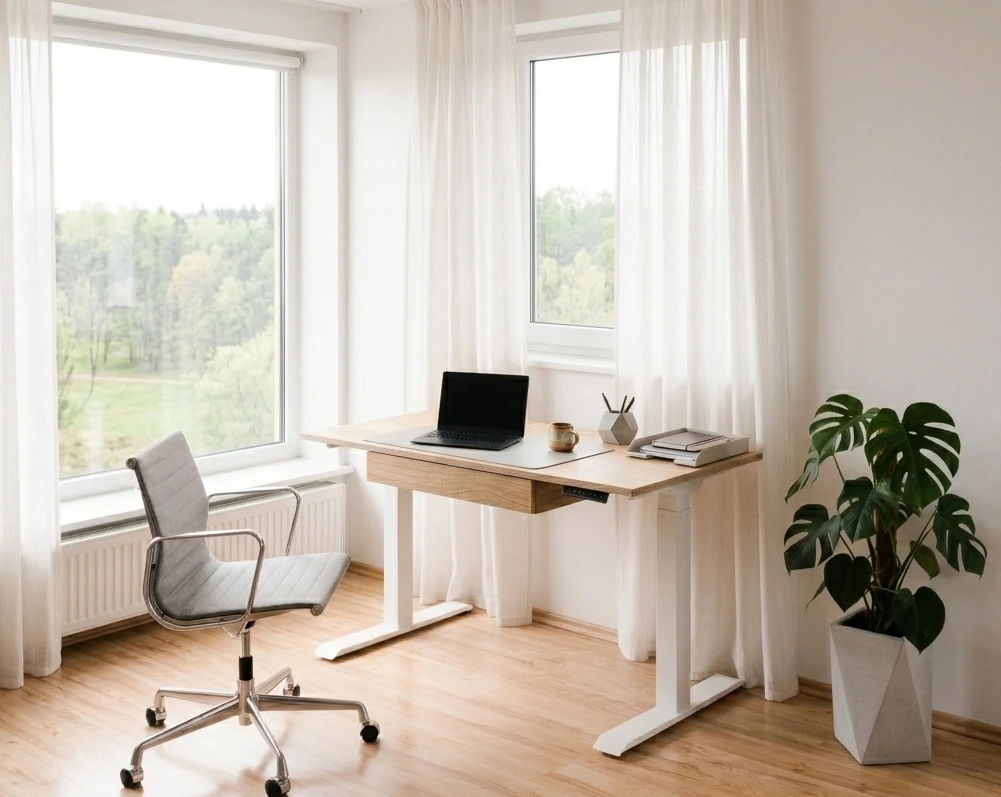 Radis Furniture height adjustable desk VISTA with electric legs Oak veneered plywood white metal 2 motors electrical legs