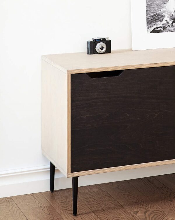 RADIS TV-stand NOBLE with three drawers Pebble Grey and sliding doors Black stained