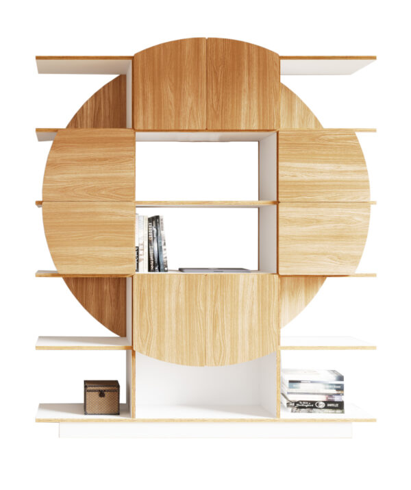 Radis shelf RUND white HPL doors Oak veneered