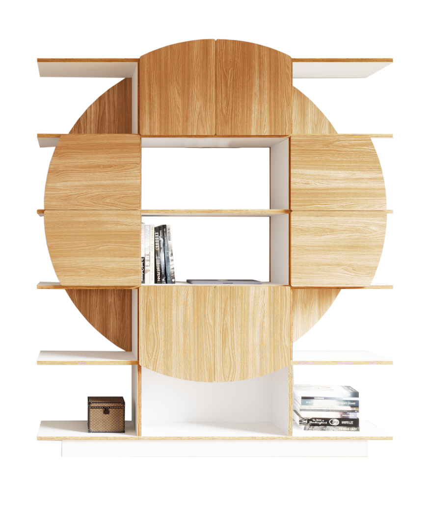 Radis shelf RUND white HPL doors Oak veneered