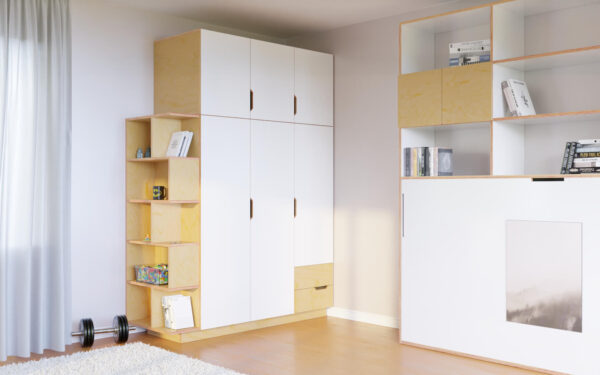 Radis wardrobe HUH with extra level with shelf Light Oak birch plywood doors white HPL