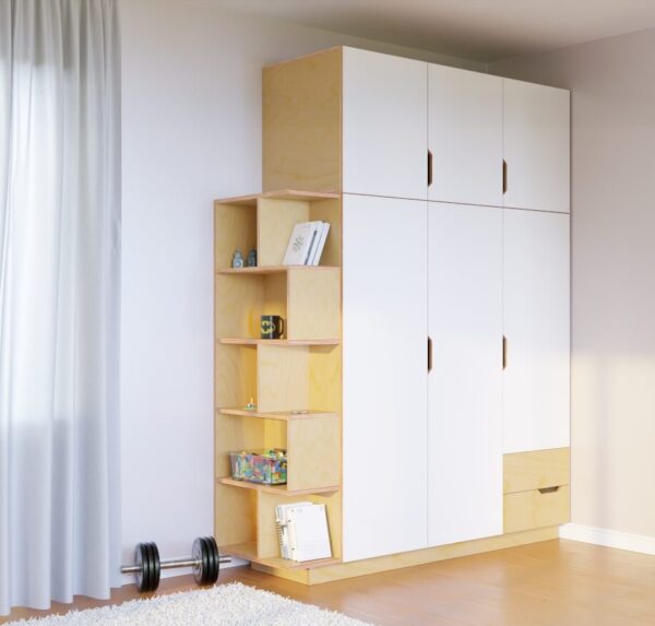 Radis wardrobe HUH 3 doors with extra level and shelf Light Oak birch plywood doors white film plywood