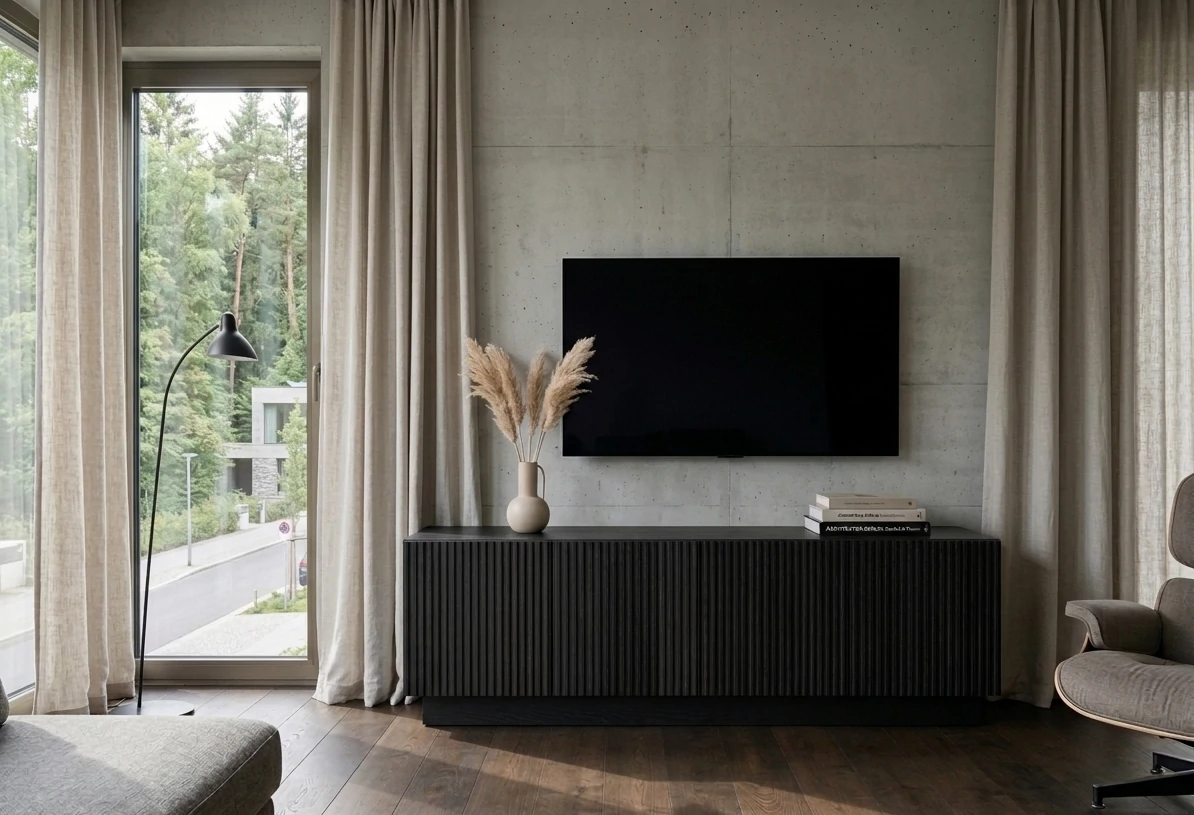 Radis Furniture TV-stand RIFF Oak veneered plywood Black stain vertical wavy lines