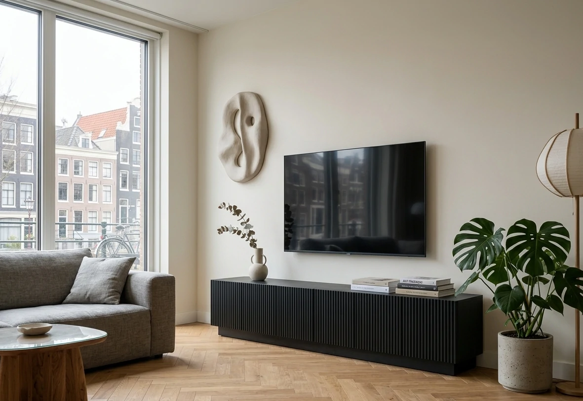 Radis Furniture TV-stand RIFF Oak veneered plywood Black stain vertical wavy lines