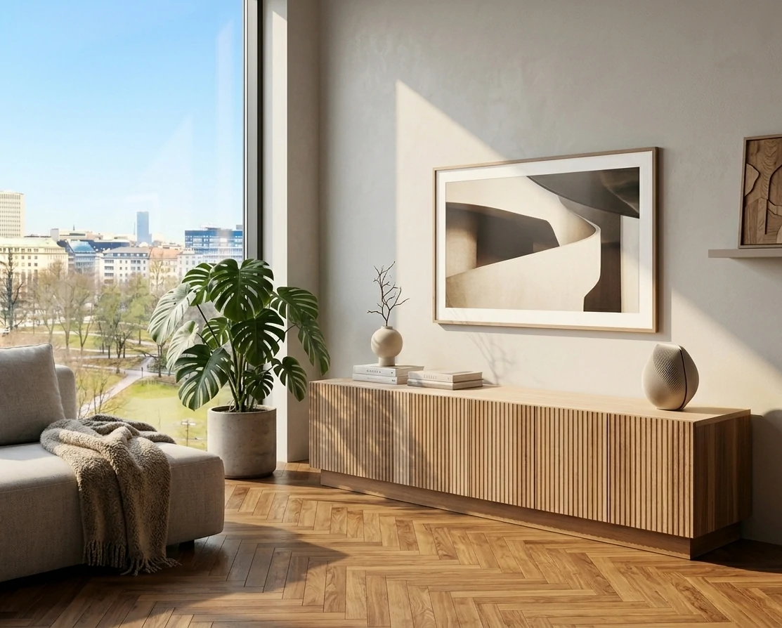 Radis Furniture TV-stand RIFF Oak veneered plywood vertical wavy lines