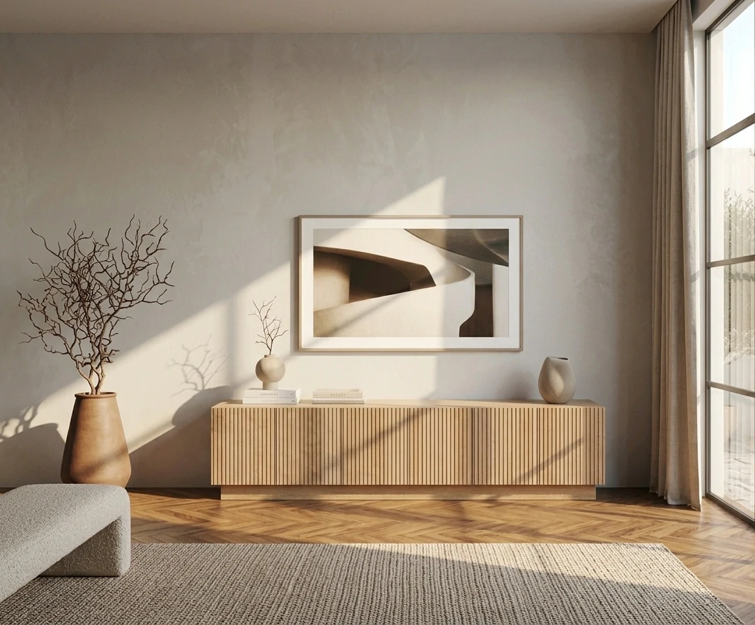 Radis Furniture TV-stand RIFF Oak veneered plywood vertical wavy lines