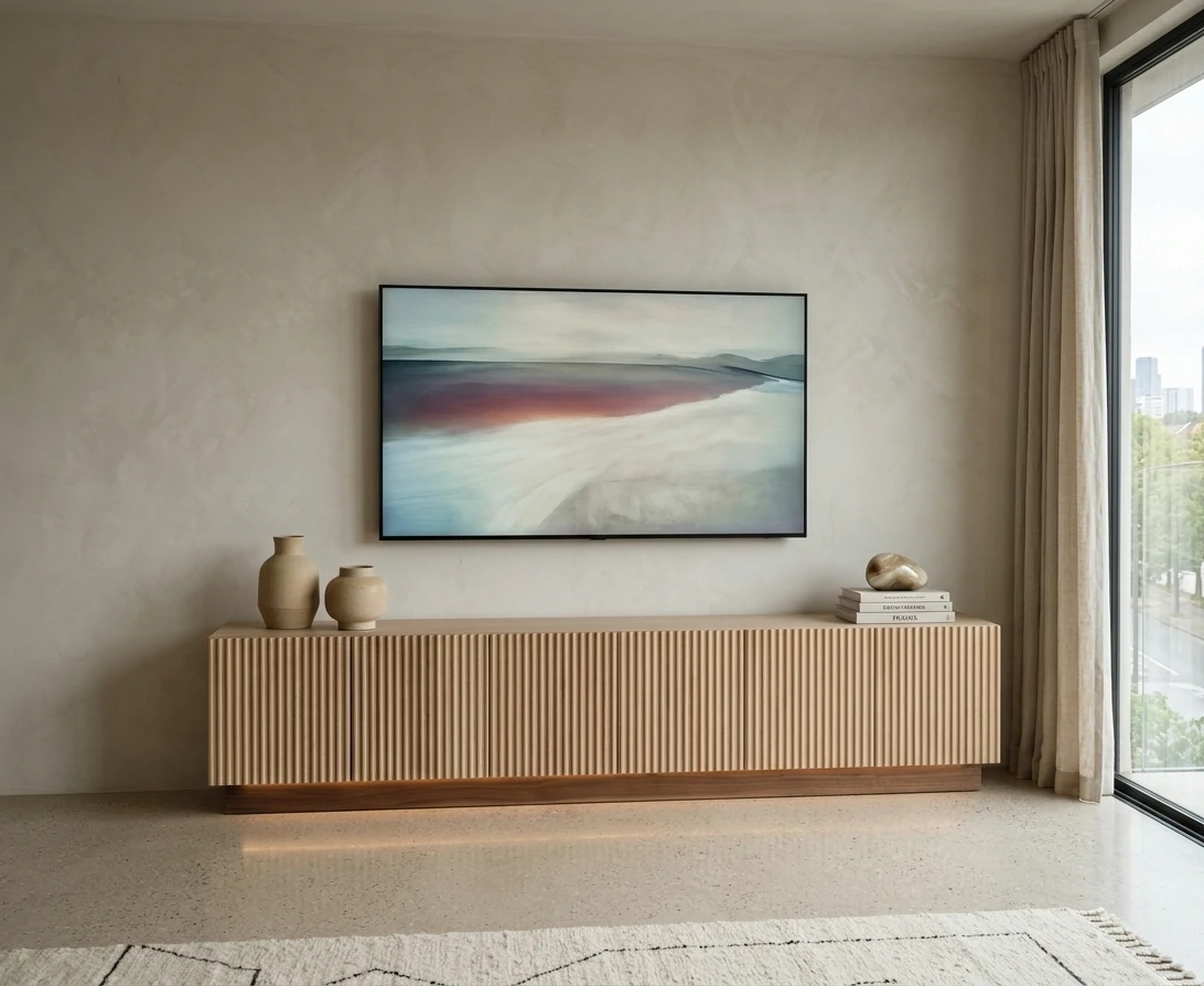 Radis Furniture TV-stand RIFF Oak veneered plywood vertical wavy lines