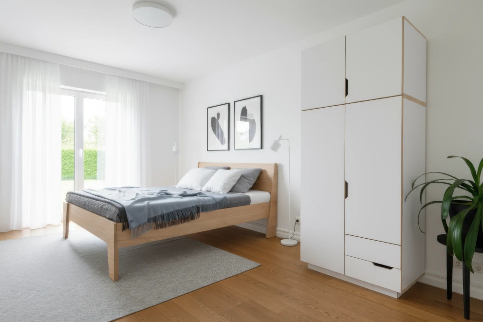 Radis bed HUH Oak veneered plywood and wardrobe HUH 2 doors with extra level white HPL plywood