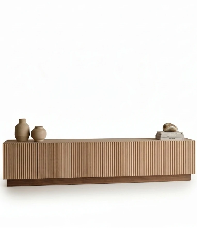 Radis Furniture TV-stand RIFF Oak veneered plywood vertical wavy lines