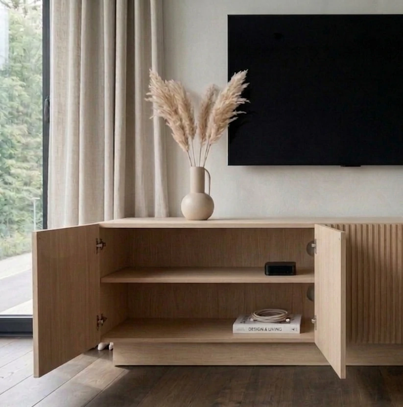 Radis Furniture TV-stand RIFF Oak veneered plywood vertical wavy lines