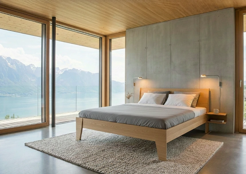 Radis Furniture bed HUH with nightstands Oak veneered plywood