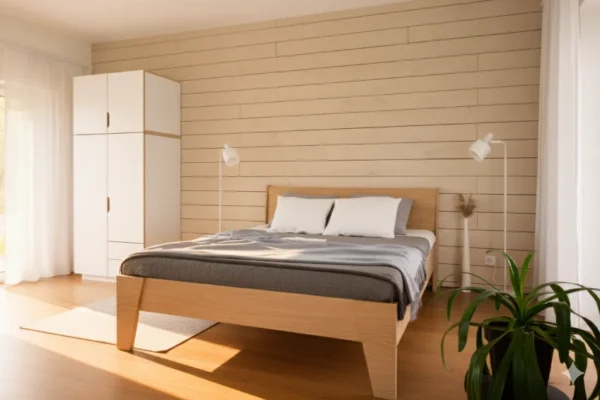 Radis bed HUH Oak veneered plywood and wardrobe HUH 2 doors with extra level white HPL plywood