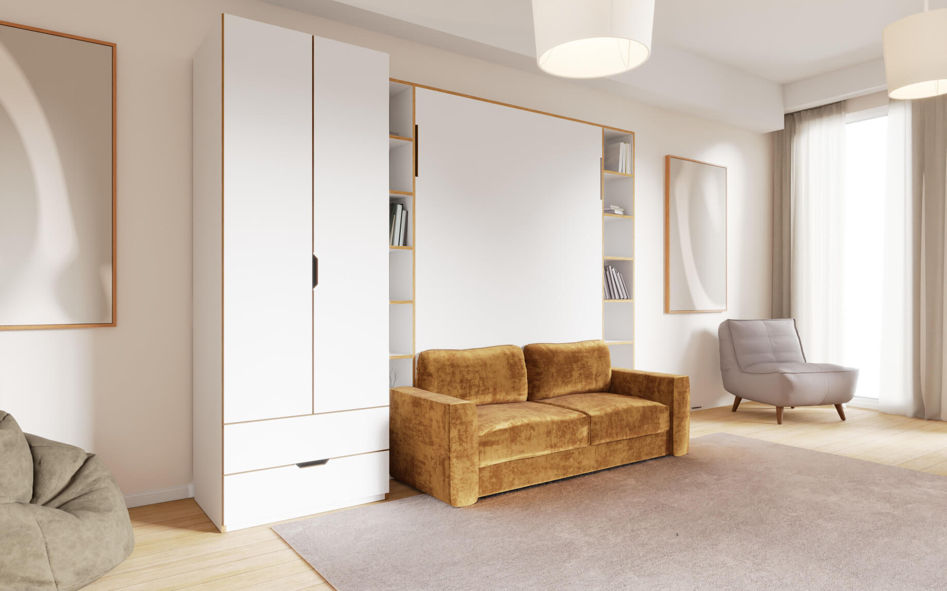 Radis_wardrobe NOBLE drawers visible with hideaway bed and sofa with shelf white HPL plywood
