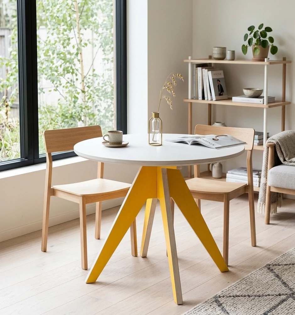 Radis Furniture round dining table EDI white HPL legs yellow white