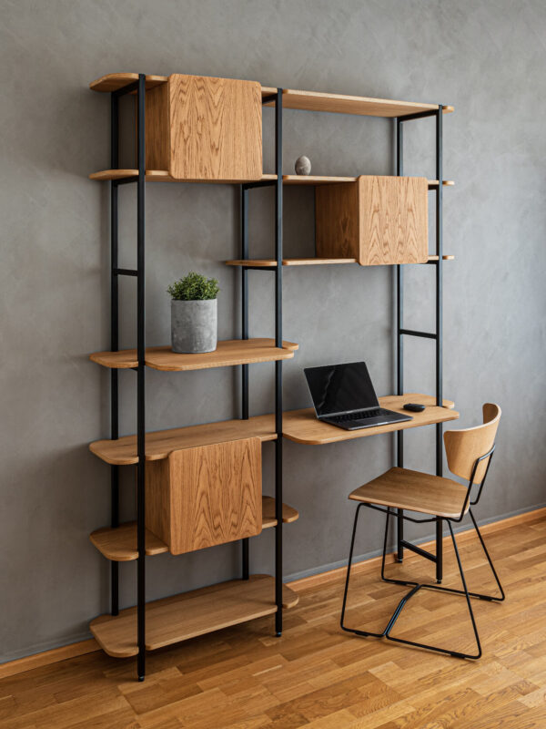 Radis Furniture shelf CRANE with desks and boxes oak veneered plywood and metal legs