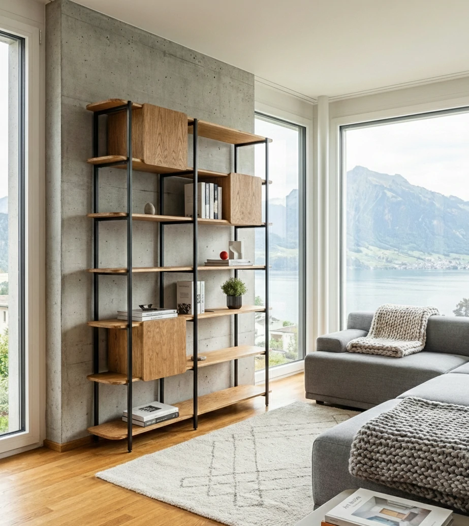 Radis Furniture shelf CRANE with 3 boxes Oak veneered plywood black metal legs