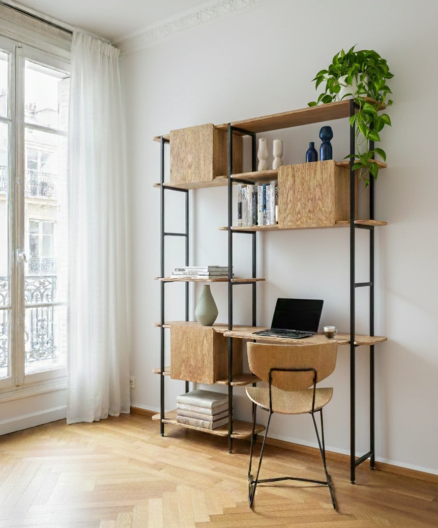 Radis Furniture shelf CRANE M with desks and boxes Oak veneered plywood black metal legs