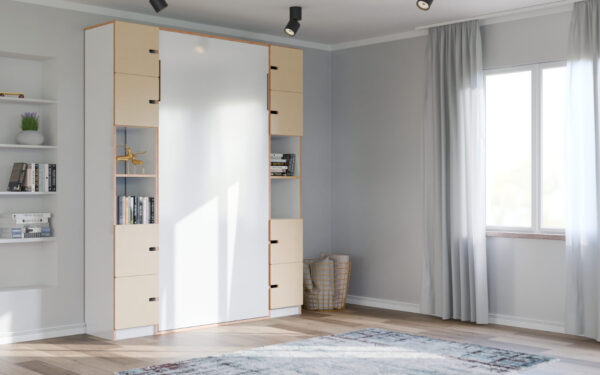 Radis hide-away bed PIX with shelf white HPL plywood doors Light Oak