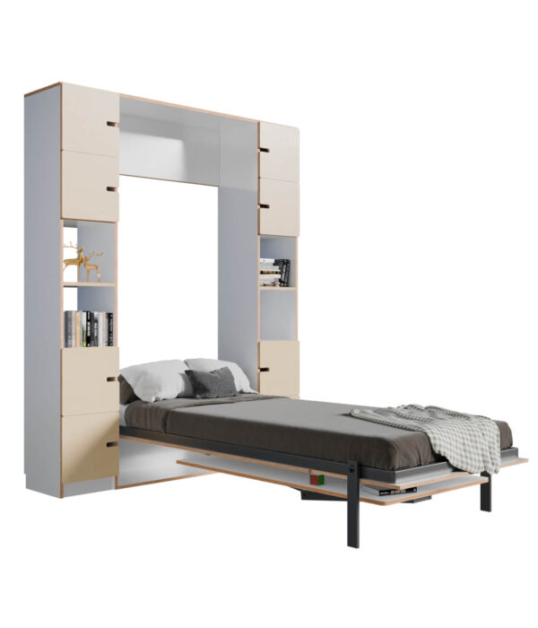 Radis hide-away bed PIX with shelf and table white HPL plywood doors Light Oak
