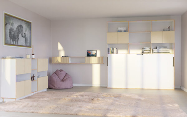 Radis horizontal hideaway bed GRID with shelf white HPL doors Light Oak birch plywood