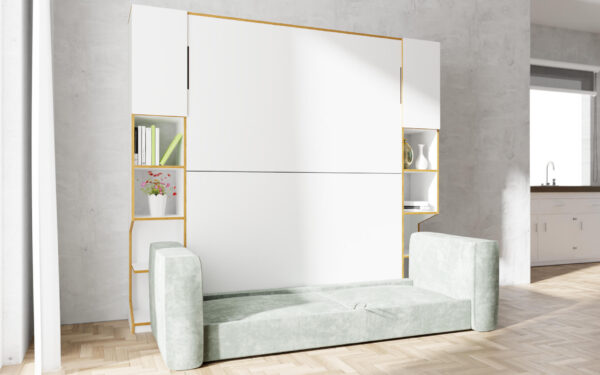 Radis vertical hideaway bed with shelf and sofa White HPL plywood