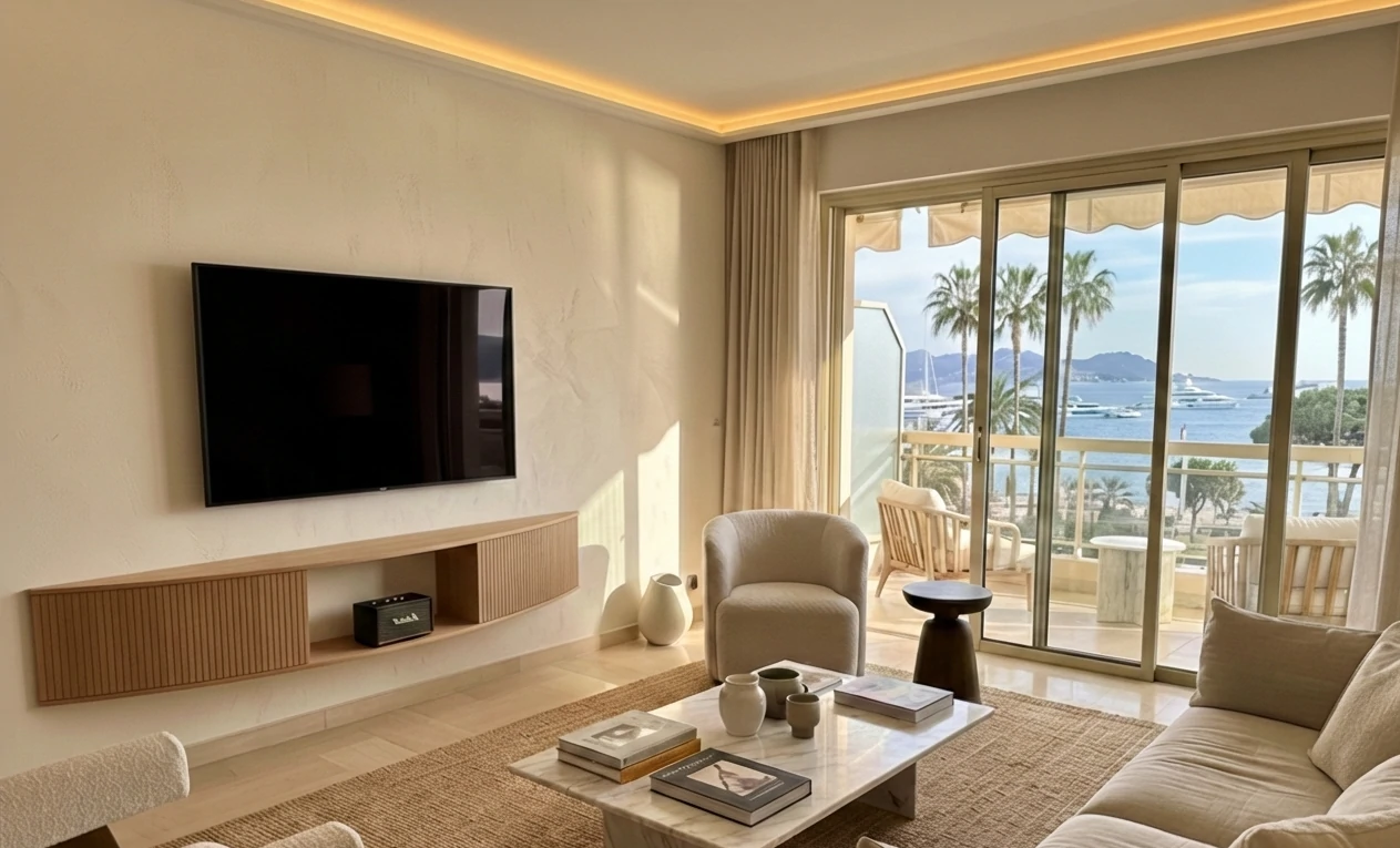 Radis Furniture curved wall mounted tv-stand FLOATY 230cm Oak veneered plywood