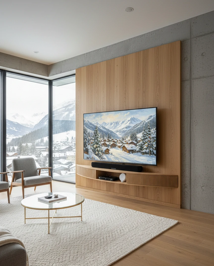 Radis Furniture wall-standing curved TV-stand FLOATY Oak veneered plywood