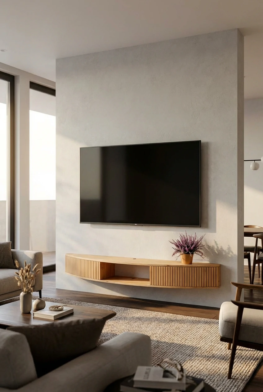 Radis wall mounted curved TV-stand FLOATY oak veneered plywood