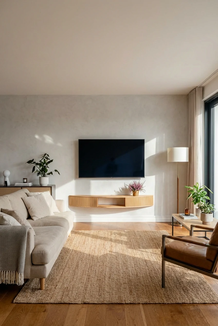 Radis wall mounted curved TV-stand FLOATY oak veneered plywood