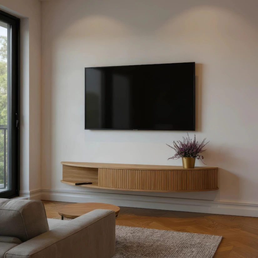 Radis Furniture wall standing TVstand FLOATY curved Oak veneered plywood