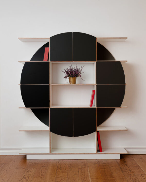 Radis round shelf with doors RUND White HPL doors back walls black