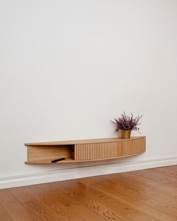 Radis wall mounted curved TV-stand FLOATY oak veneered plywood