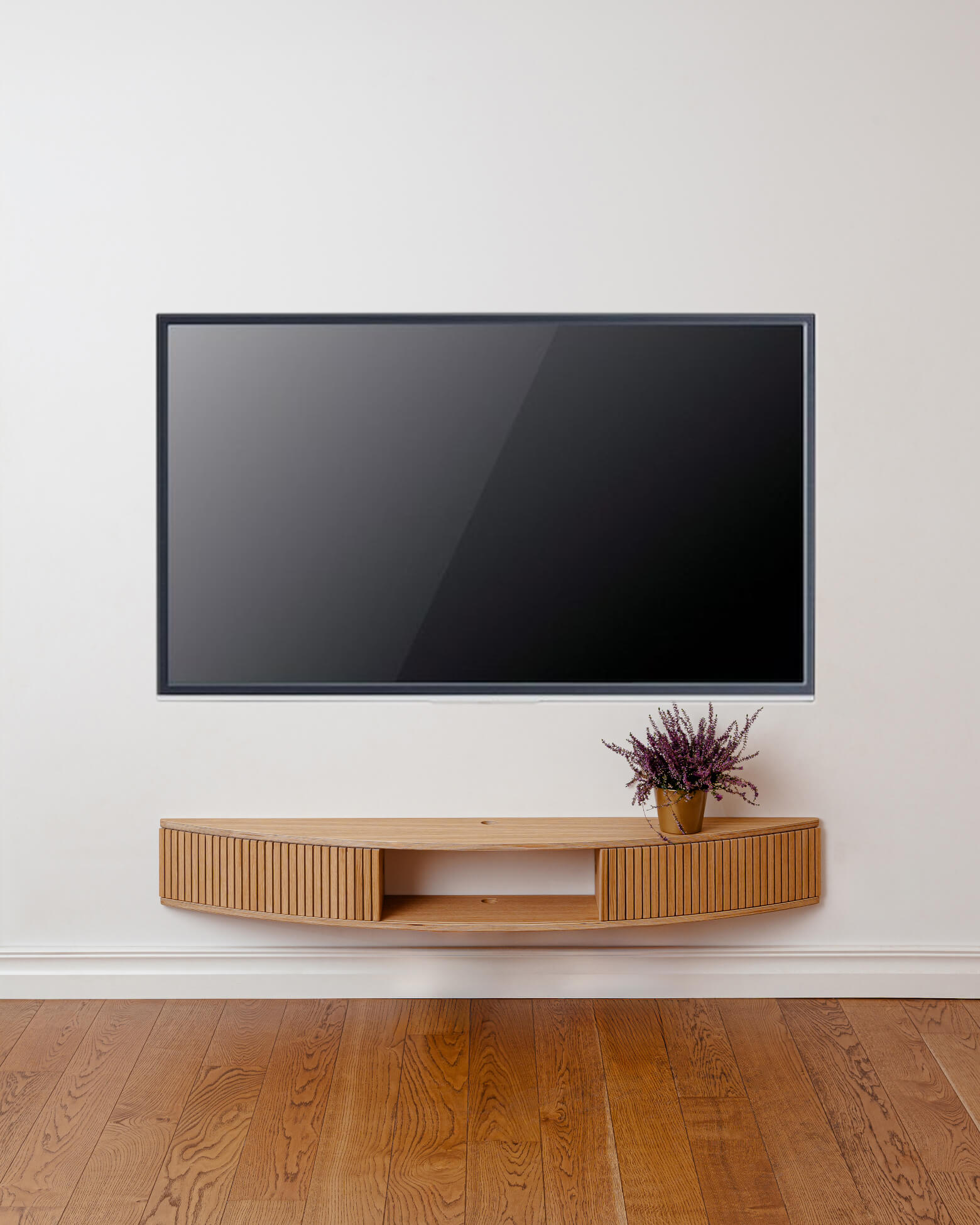 Radis wall mounted curved TV-stand FLOATY oak veneered plywood