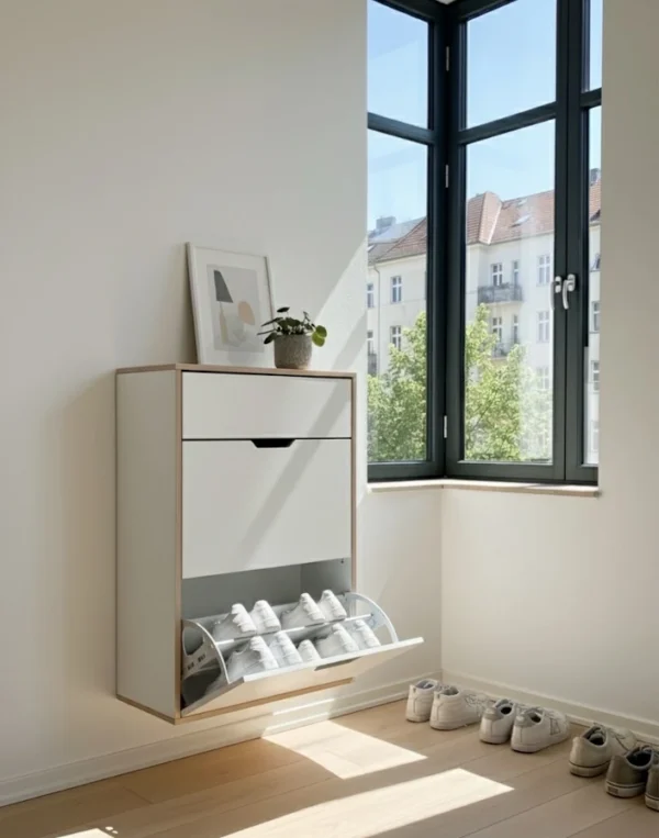 Radis wall standing shoe storage cabinet with drawer NOBLE White HPL plywood